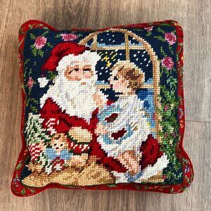 Vintage Needlepoint Christmas Throw Pillow Velvet Santa Holiday Decor